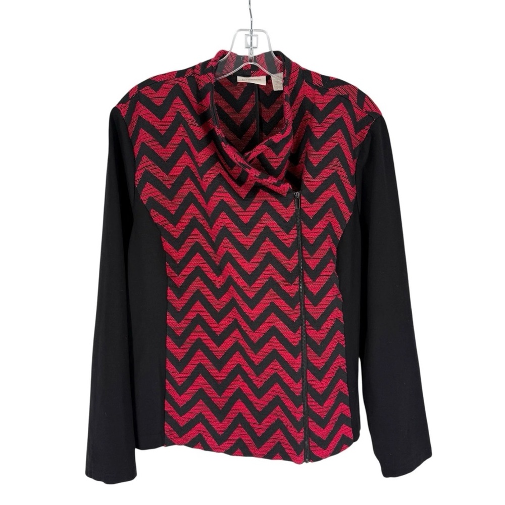 Chicos Blazer Size 3 Black Red Chevron Ponte Stretch Zip Front Womens XL